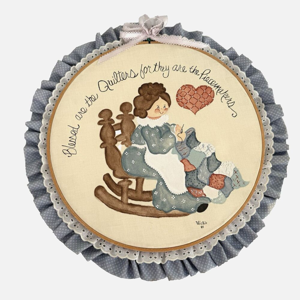 Vtg "Blessed Are The Quilters" Painted Hoop Wall Art Decor 12"  Handmade Signed